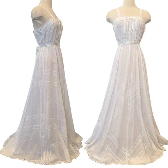 Jodi T Vintage Prairie Peasant White 70s Maxi Gown Long Dress Vest Shrug 2Pc Set - Picture 5 of 11